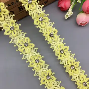 1 ярд Стразы Отделка Лента 3D Цветок Желтая Вышитая Кружевная отделка Аппликация Ткань ручной работы DIY Свадебное платье Швейное ремесло