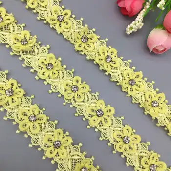 1 ярд Стразы Отделка Лента 3D Цветок Желтая Вышитая Кружевная отделка Аппликация Ткань ручной работы DIY Свадебное платье Швейное ремесло Изображение 2
