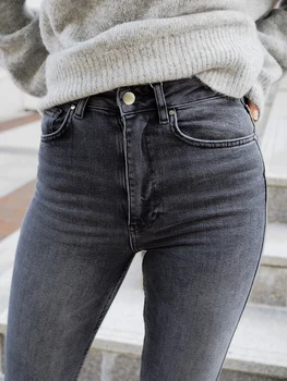 2023 Выстиранные Однотонные джинсы Женские осенние облегающие Винтажные модные джинсовые брюки с карманами Женские Простые повседневные брюки Изображение 2