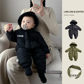 2023 Корейский Детский цельный Зимний комбинезон с капюшоном и утолщенной хлопчатобумажной подкладкой, Однотонный теплый комбинезон для мальчиков, комбинезон для малышей