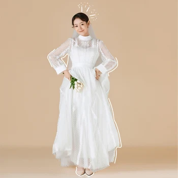 2023 Кружевные платья невесты с высоким воротом, Бохо, Длинные рукава, свадебное платье трапециевидной формы, элегантное свадебное платье для фотосессии Robe De Mariée Для новобрачных