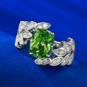 2023 Новое кольцо с зеленым бриллиантом S925 Silver Leaf Маленький Свежий Инкрустированный высокоуглеродистый бриллиант Небольшого дизайна Для женщин