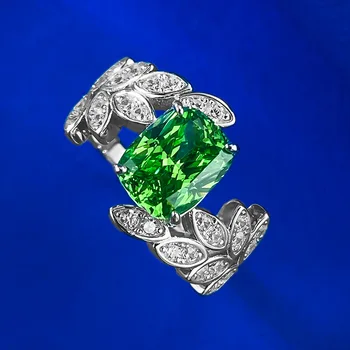 2023 Новое кольцо с зеленым бриллиантом S925 Silver Leaf Маленький Свежий Инкрустированный высокоуглеродистый бриллиант Небольшого дизайна Для женщин Изображение 2