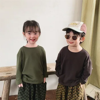 2023 Новые весенне-осенние детские футболки, детские топы с длинными рукавами, одежда для мальчиков, хлопковые футболки для девочек, Корейская детская одежда, однотонная повседневная