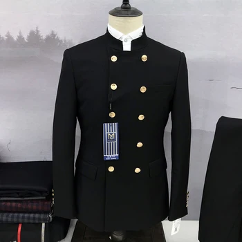 2023 Новый мужской костюм-двойка Повседневный Формальный Черный Двубортный комплект со стоячим воротником, деловое офисное пальто для ежедневных поездок, брюки
