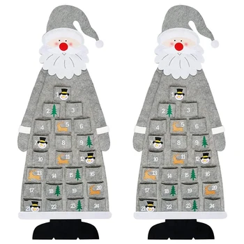 2X Рождественский Адвент-календарь из фетра, настенный Адвент-календарь Санта-Клауса с карманами, многоразовый на 24 дня, серый