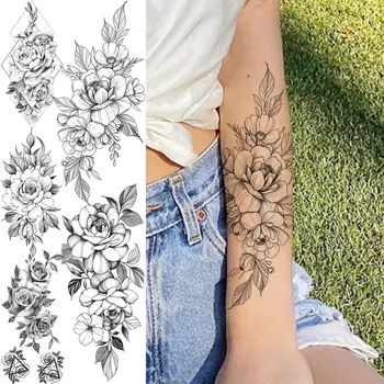 3D Временные Татуировки С Цветком Черной Розы Для Женщин Взрослых Геометрический Пион Луна Поддельная Татуировка Наклейка Предплечье Боди-Арт Моющиеся Татуировки