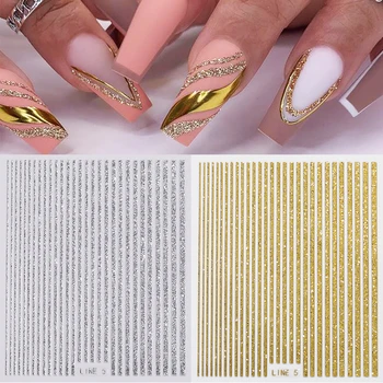 3D Наклейки для ногтей, Голографический Маникюр, Лазерные полосы, Розовое Золото, Серебро, Самоклеящиеся поделки, Профессиональное Украшение ногтей