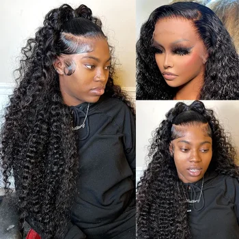 40-дюймовый парик с глубокой волной, прозрачный, 13x4, кружевной фронтальный парик Hd, 360 Кружевных фронтальных вьющихся Бразильских париков из человеческих волос для чернокожих женщин Изображение 2