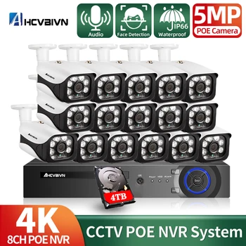4K 16CH POE NVR 5MP CCTV Security Protection Camera System Kit Комплект Наружной Водонепроницаемой Аудио POE IP-Камеры Видеонаблюдения Cam Set