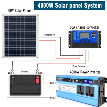 50 Вт Солнечная Панель 60A Контроллер 4000 Вт Инвертор Мощности с 4 USB 3 Универсальными Розетками RV Лодки Портативный Аварийный Генератор Энергии