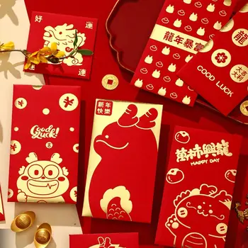 6ШТ красных конвертов на китайский Новый год 2024 Год дракона Хунбао Конверты с деньгами на удачу Красный пакет для украшения весеннего фестиваля
