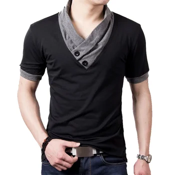A2654 Тонкая хлопковая черная футболка с V-образным вырезом в стиле пэчворк с коротким рукавом, мужские топы и тройники на пуговицах Изображение 2