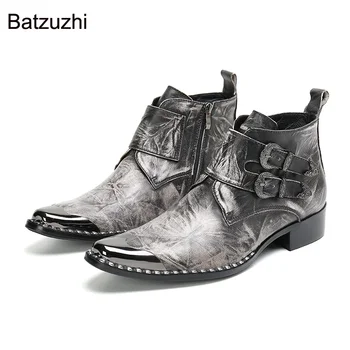 Batzuzhi/ Кожаные Ботильоны в стиле Рок с металлической головкой; Мужские ковбойские Ботинки в стиле вестерн с Бронзовыми Мотоциклетными пряжками; Вечерние Botas Hombre!