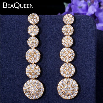 BeaQueen Стильные крошечные кубические циркониевые камни в оправе, длинные круглые серьги-подвески из желтого золота, ювелирные изделия для женщин E047