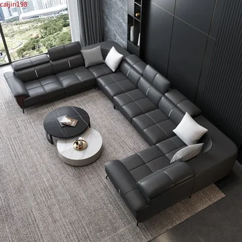 CJ Супер большая U-образная гостиная, кожаный диван, итальянская светлая роскошная современная вилла, встроенный супер большой газовый KTV multi