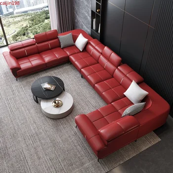 CJ Супер большая U-образная гостиная, кожаный диван, итальянская светлая роскошная современная вилла, встроенный супер большой газовый KTV multi Изображение 2