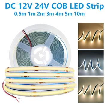 COB LED Strip Light 12V 24V Высокой Плотности 320 Светодиодов/м Гибкая Светодиодная Лента Шириной 8 мм Белого Теплого Белого Линейного Освещения для Декора комнаты