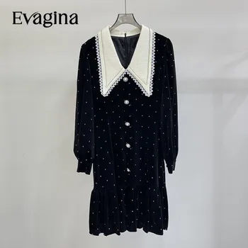 Evagina 2023 Модное дизайнерское платье для подиума на Хай-стрит, женские платья Миди с отложным воротником и однобортным принтом в горошек