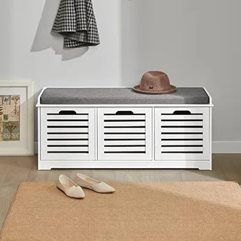 Haotian FSR23-W, Белая Скамейка для хранения вещей с 3 Выдвижными ящиками и Мягкой подушкой Сиденья, Прихожая, Шкаф для обуви,  