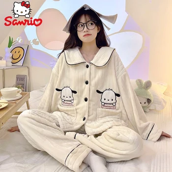 Kawaii Sanrio Pochacco Hello Kitty Kuromi Женская Фланелевая Пижама Осень Зима Аниме Кардиган Свободная Утолщенная Теплая Домашняя одежда
