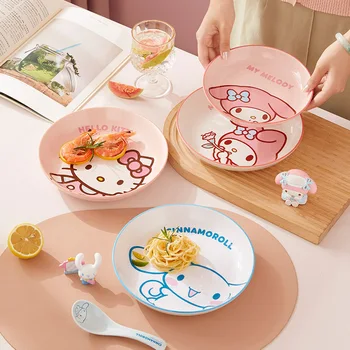 Kawaii Sanrio Аниме Хобби Hello Kitty My Melody Cinnamoroll Домашняя Детская Мультяшная Керамическая Тарелка Для Завтрака Глубокая Круглая Сервировочная Тарелка