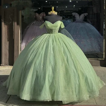 Lorencia Sage Зеленое Блестящее Бальное платье с Кристаллами и Бисером, Пышное платье С открытыми плечами, Корсет в складку, Vestidos De 15 Años YQD518