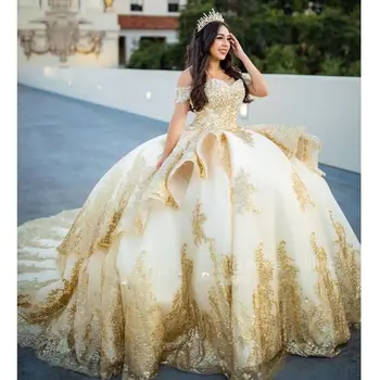 Lorencia Белое Блестящее Пышное Платье Бальное Платье С Золотой Кружевной Аппликацией И Оборками Из Бисера Корсет Sweet 16 Vestidos De XV 15 Anos YQD425