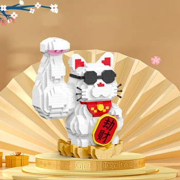 Maneki Neko Micro Building Blocks Lucky Fortune Cat Мультфильм Мини-Кирпичи Талисман Money Smile Фигурки Кошек Для Новогоднего Подарка Изображение 2