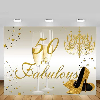 Mehofond Happy 50th Birthday Background Золотой Блестящий Фон Для Фотосъемки На Высоких Каблуках С Шампанским Для Женщины Сказочный Реквизит Для Фотосессии