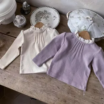 MILANCEL/ Весенняя одежда для малышей от 0 до 2 лет, Базовая блузка с кружевным воротником для девочек, однотонная рубашка для малышей Изображение 2