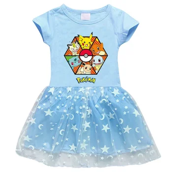 MINISO Pikachu 2023 Новое платье для девочек с принтом мультяшных звезд и Луны, сетчатое платье принцессы с коротким рукавом