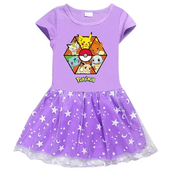 MINISO Pikachu 2023 Новое платье для девочек с принтом мультяшных звезд и Луны, сетчатое платье принцессы с коротким рукавом Изображение 2