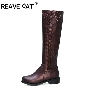 REAVE CAT/ зимняя женская обувь; Сапоги до колена на плоской подошве с острым носком и перекрестной шнуровкой; декор черного цвета; bota feminina; большие размеры 45 46