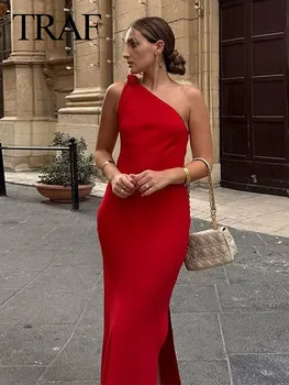 TRAF 2023 Модные женские красные длинные платья без рукавов с диагональным воротником 2023, женское сексуальное платье для выпускного вечера с одним плечом, вечерние халаты