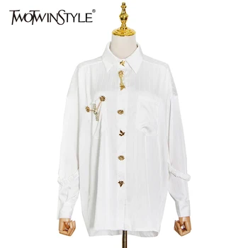 TWOTWINSTYLE, Повседневные рубашки в белую полоску для женщин, лоскутные прямые блузки с лацканами и бриллиантами, женская весенняя модная одежда 2023 года.