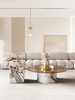 XL Мраморный журнальный столик с подсветкой Роскошная современная минималистичная круглая комбинация для гостиной из закаленного стекла