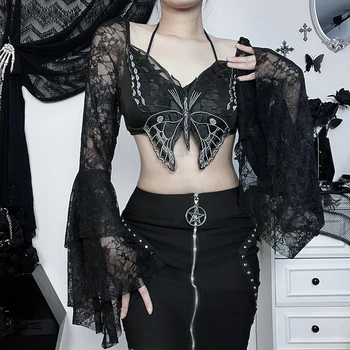 Y2K Сексуальные черные кружевные сетчатые топы-клеш с длинным рукавом для женщин, готическая эстетика, Большая бабочка, суперкороткая футболка, тройники, уличная одежда