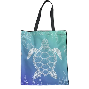 Yikeluo Женская сумка через плечо с синей морской черепахой, холщовая сумка, сумки для покупок Harajuku, 2023 Новые повседневные сумки, продуктовые сумки Изображение 2