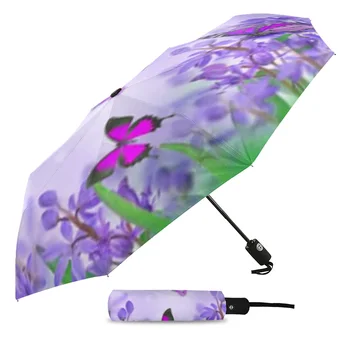 Автоматический зонт с весенним цветком и бабочкой, портативный складной зонт от солнца и дождя, женский зонт-зонтик Изображение 2