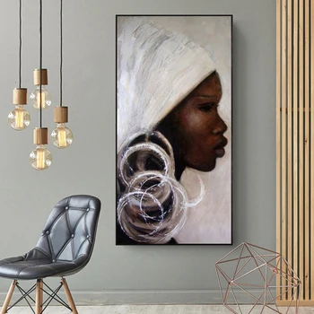 Африканский Портрет Картины маслом Черный Белый Африка Женщина Лицо Картины на Холсте Художественная Настенная Картина Домашний Декор Без Рамки Изображение 2