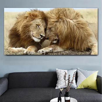 Африканское дикое животное, Братская любовь Двух взрослых Львов Мужского пола, Плакаты на холсте и принты, Настенные рисунки для гостиной Изображение 2