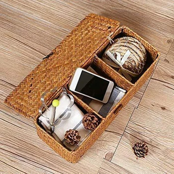 Бамбуковая Плетеная коробка для хранения Косметики Прямоугольная корзина для мелочей в ванной комнате Футляр ручной работы для настольных органайзеров в спальне