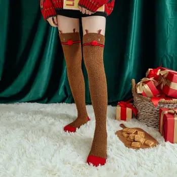 Бант в полоску из кораллового флиса Рождественский подарок Лось Санта Клаус Хлопчатобумажные носки для телят Женские Чулочно-носочные изделия Рождественские Чулки Носки в пол