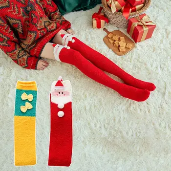 Бант в полоску из кораллового флиса Рождественский подарок Лось Санта Клаус Хлопчатобумажные носки для телят Женские Чулочно-носочные изделия Рождественские Чулки Носки в пол Изображение 2