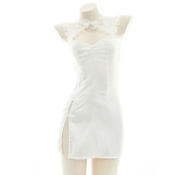 Белый кружевной Чонсам с открытой спиной, с высоким разрезом, открытая ночная рубашка, Женская сексуальная пижама, униформа горничной, костюм для косплея, Женское белье, Женское платье