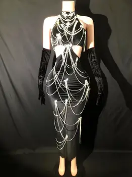 Блестящие Бриллианты, кисточки, цепочка Черного цвета, сексуальное платье на бретелях с открытой спиной длиной миди, костюм для празднования вечеринки Изображение 2