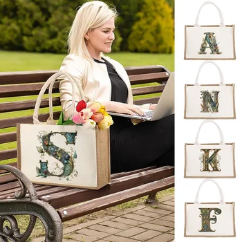 Большая вместительная экологически чистая льняная сумка через плечо с графическим рисунком, имитирующим джут, женская сумка для покупок