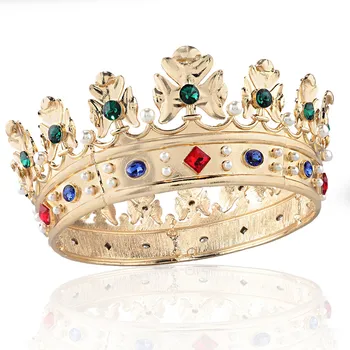 Большая круглая корона в стиле барокко King Queen С разноцветными стразами и жемчужной тиарой для вечеринки Изображение 2