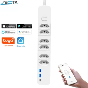 Бразилия Wifi Smart Power Strip Удлинитель Type-C USB Зарядная плата Tuya App Remote Control Работает с Google Alexa Home